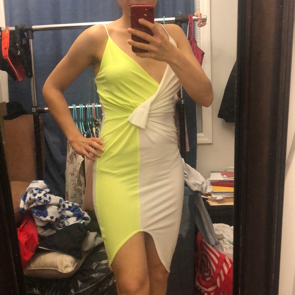 Half neon green half white dress
